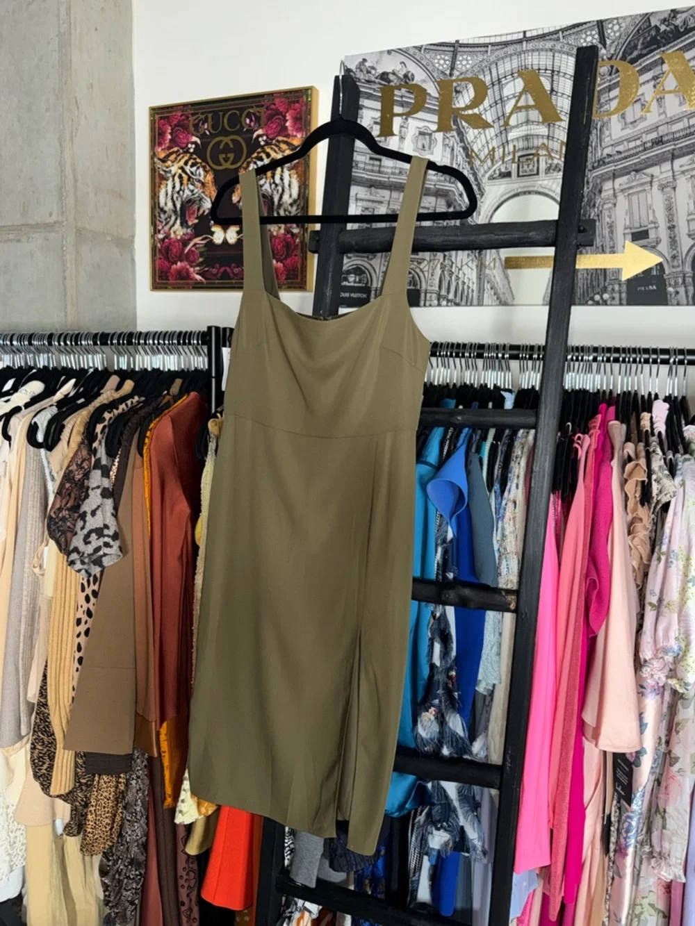 Babaton 90s Slit Satin Midi Dress Olive Green Square Neck Thigh Slit Size 8 New - Picture 3 of 10